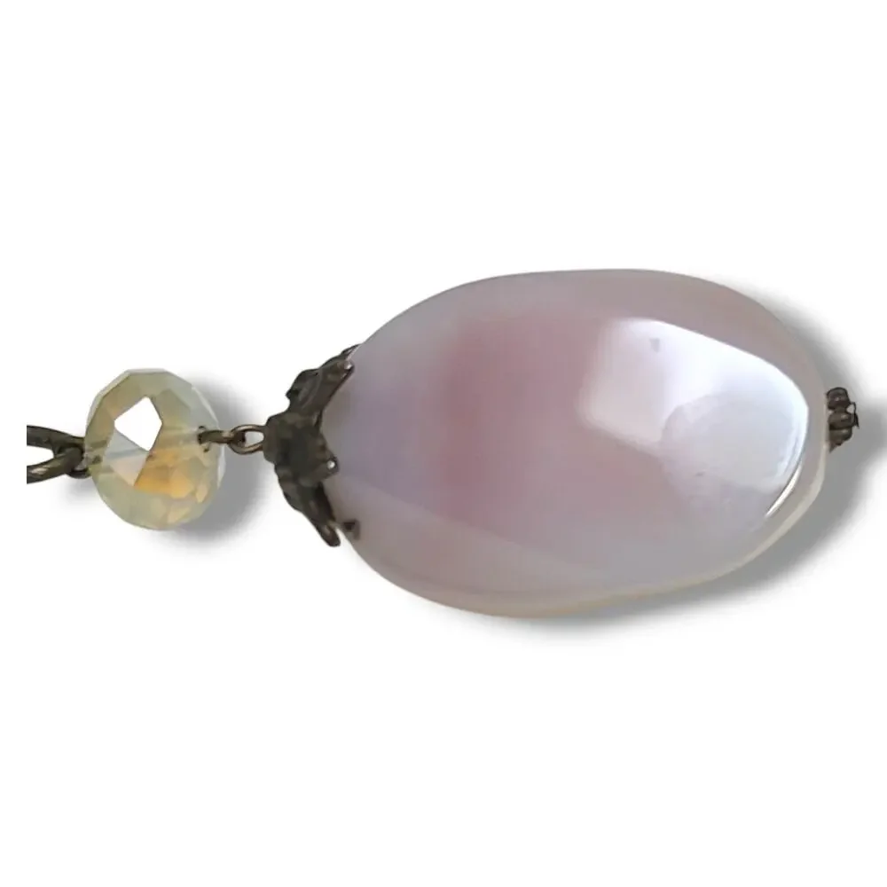 Rose Quartz & Crystal Y-drop Necklace Antique Gold Tone 22